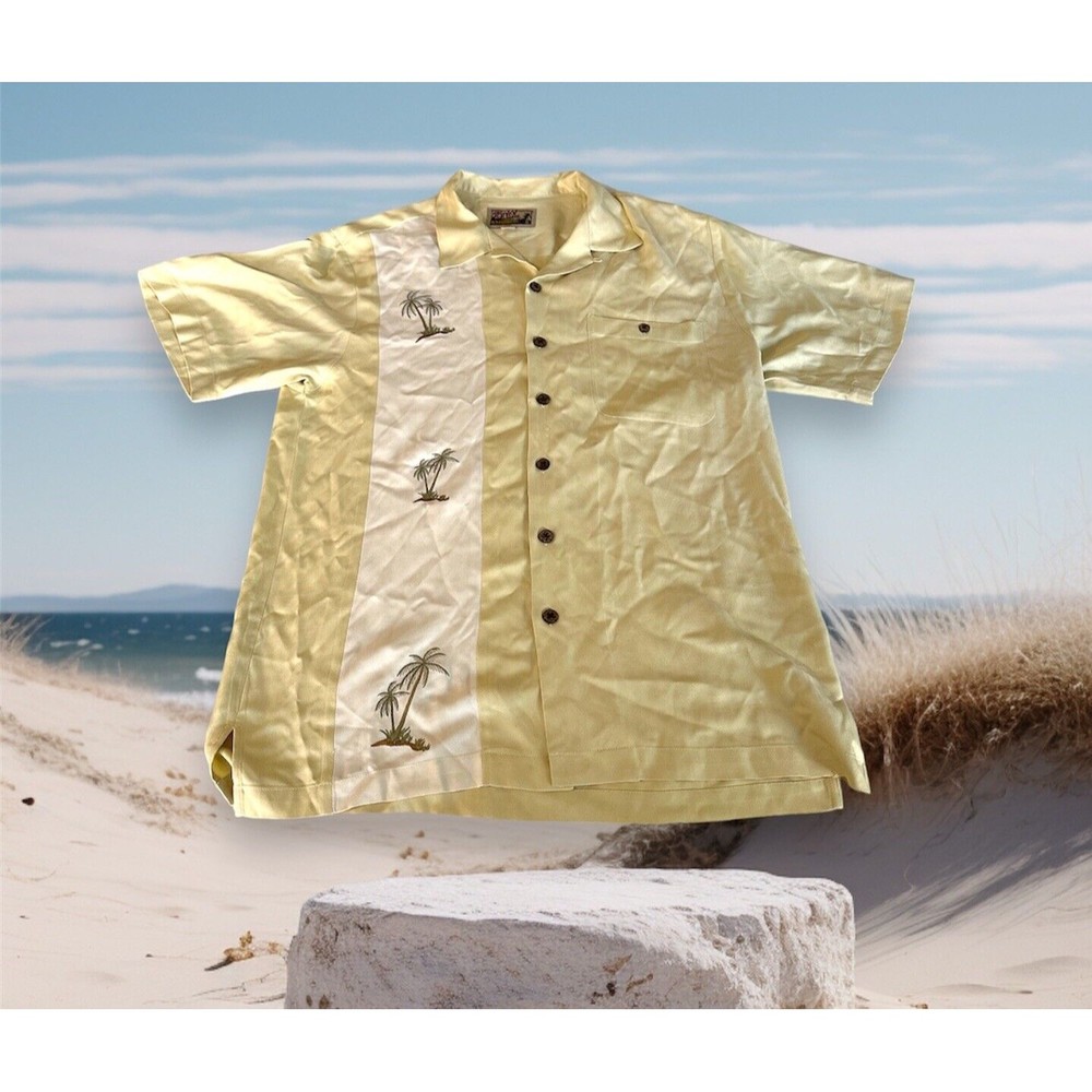 Tiki Classics Mens M 100% Silk Hawaiian Shirt Embroidered Palm Trees Yellow